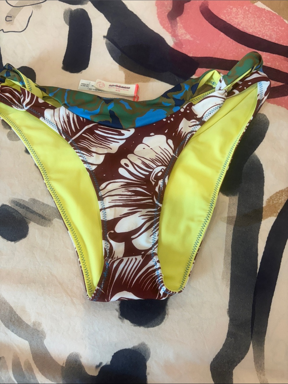 Free People Reversible Tropical Floral Yellow Bikini Bottom Size M